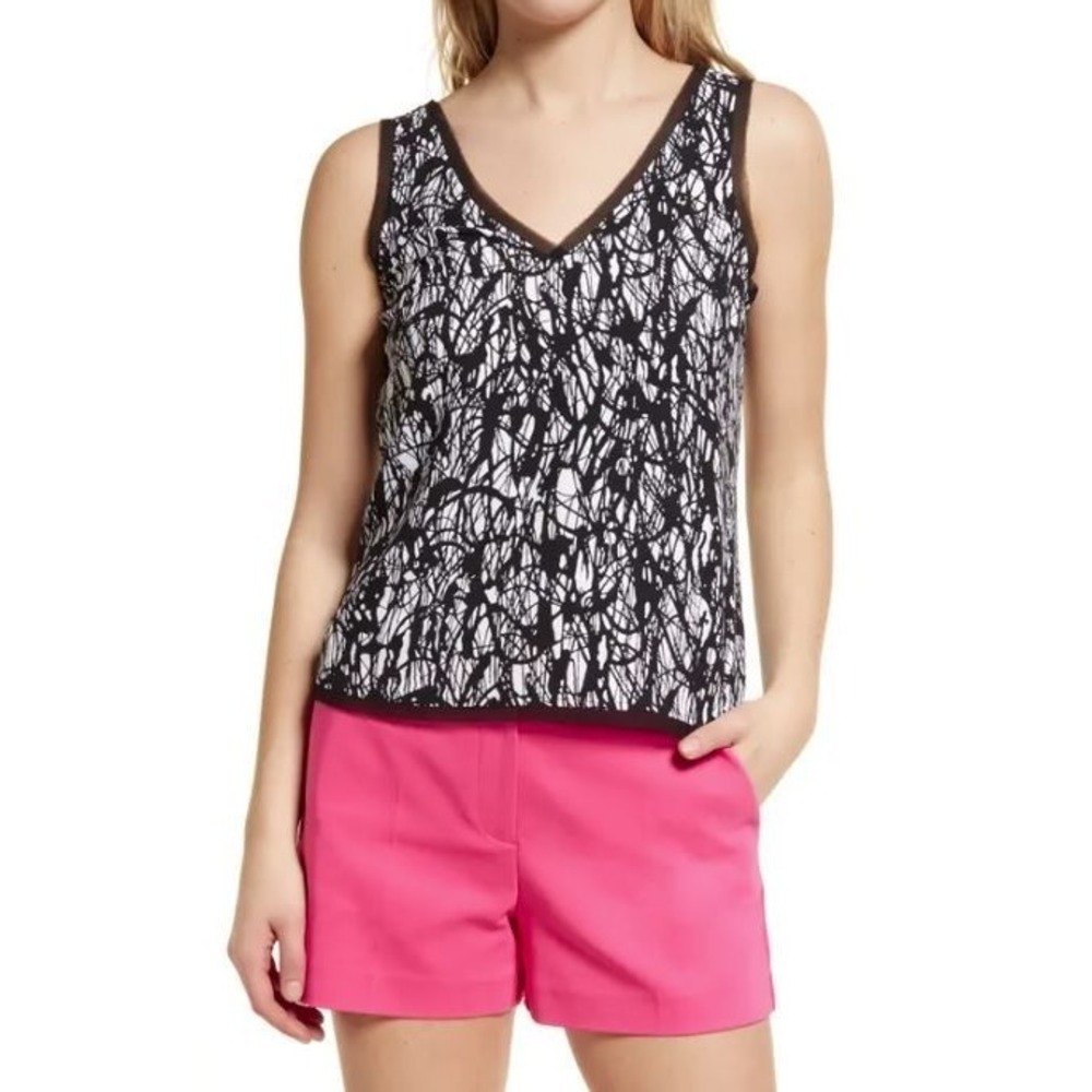 Halogen Women's Raw Edge Trim V-Neck/Back Tank Top Black White Paint Doodle 2XL